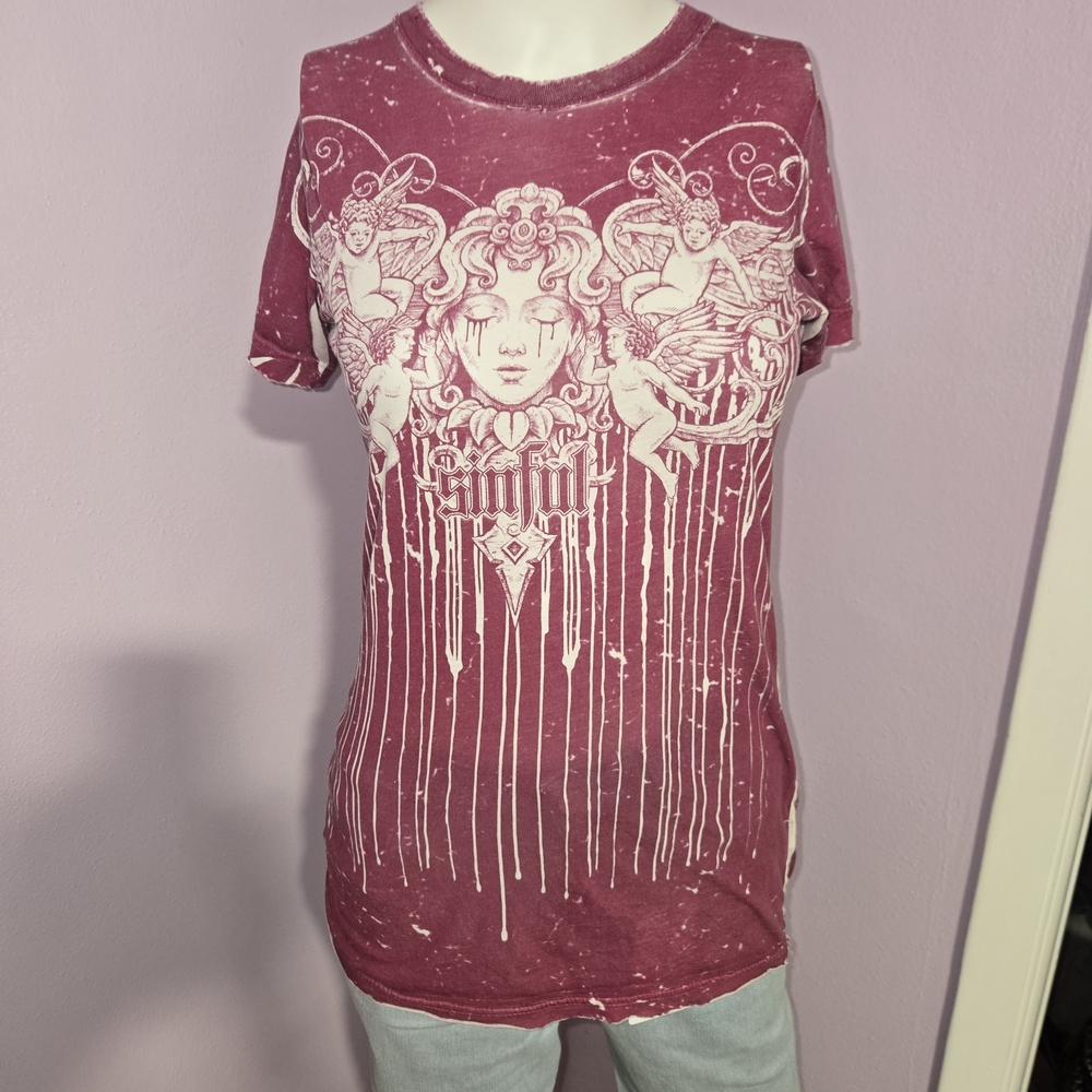 Sinful Women's Graphic Tee - Maroon and White